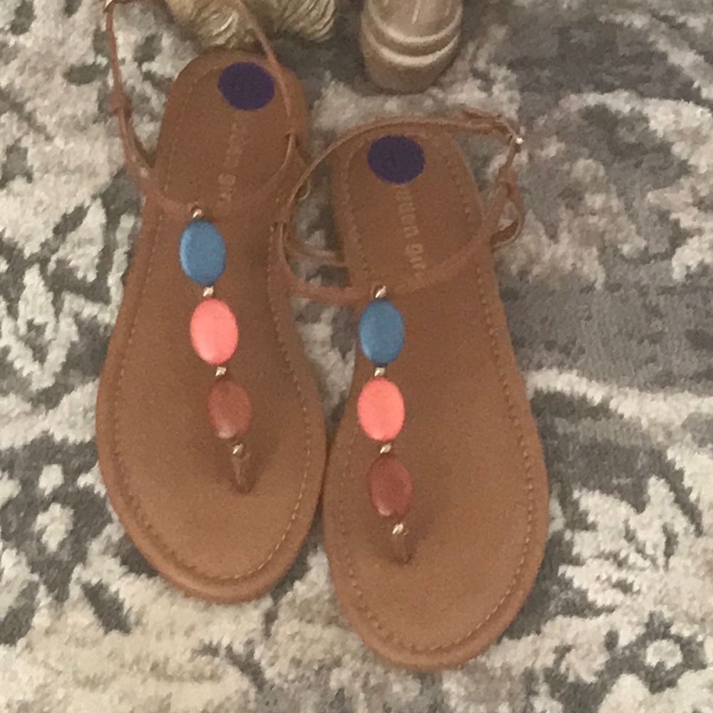 Brown T-Strap Sandals with Blue, Coral & Brown Beads